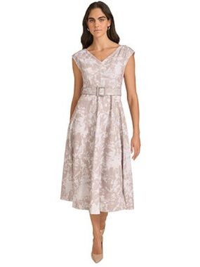 Calvin Klein Neutral Floral Jacquard Cap-Sleeve Midi Dress - Light Taupe